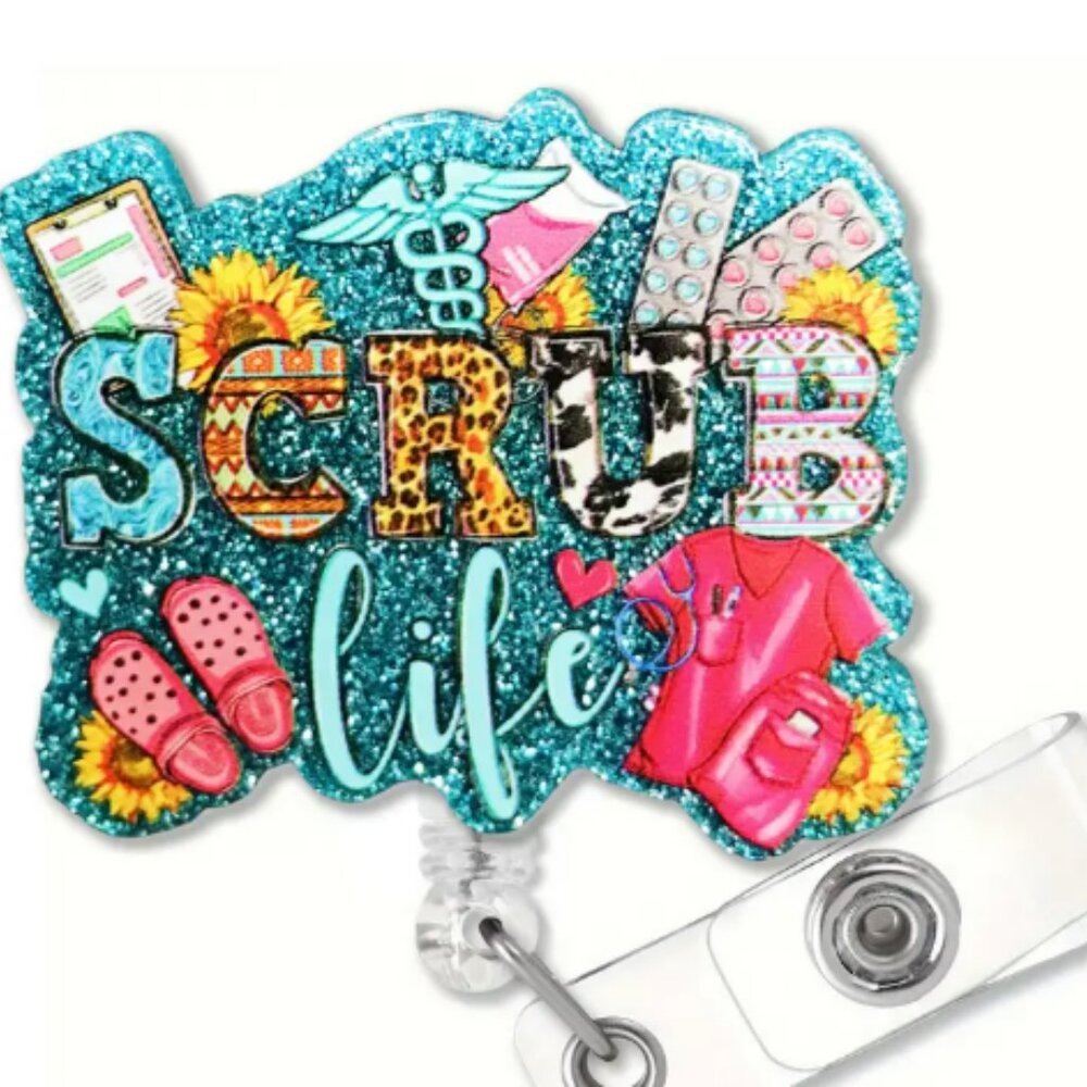 Green Glitter Badge Reel - Retractable Acrylic ID Badge Holder  Alligator Clip